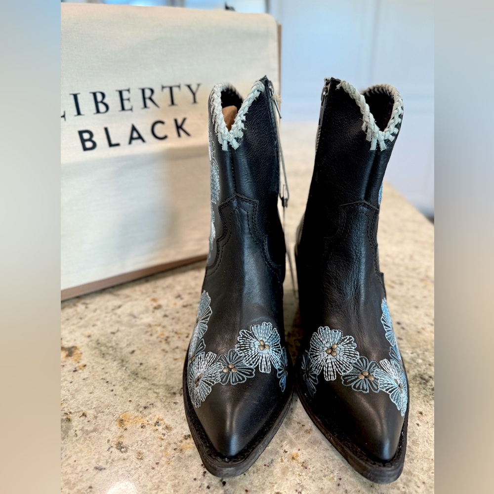 LIBERTY BLACK Boots with Embroidered Blue Floral Design NWT